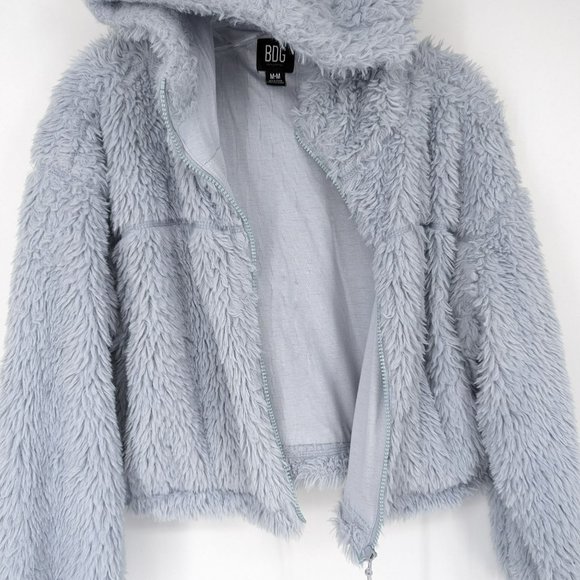 BDG Urban Outfitters Hoodie M Blue Sherpa Cropped Teddy Jacket Full Zip Cozy - Picture 4 of 12